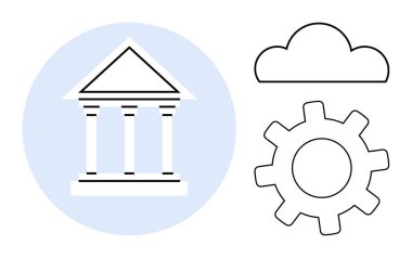 Yönetimi, teknolojiyi ve ilerlemeyi temsil eden sütunları, bulutları ve teçhizatı olan klasik bir bina. Kamu idaresi, dijitalleştirme, yenilik ve politika modernizasyonu için ideal