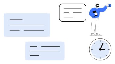 Konuşma baloncukları, saat ve not defteriyle işleri yöneten kişi. Üretkenlik, zaman yönetimi, takım çalışması, dijital iletişim, iş-yaşam dengesi, basit düz metafor programlama