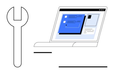 Etkin dizüstü bilgisayar ekranının yanında arayüz blokları ve yerleşim kalıpları olan bir tuş aç. Basit bir düz metaforda teknik destek, geliştirme, onarım, otomasyon, bağlantı, analiz ve adaptasyon için ideal