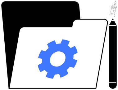 Dişli simgesi ve kalem sembolize organizasyon, ayarlar, sistem güncellemeleri ve yaratıcı araçlar içeren klasörü aç. Teknoloji, yönetim, yönetim, tasarım, iş akışı eğitimi için ideal basit