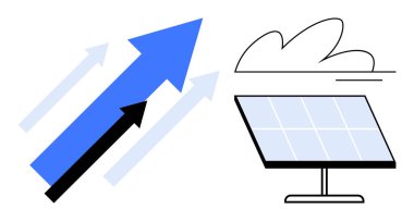 Yukarı doğru ok ve bulutlu güneş paneli yenilenebilir enerji ilerlemesini, büyümeyi, sürdürülebilirliği ve çevresel yeniliği vurguluyor. Enerji çözümleri, iklim hedefleri, temiz teknoloji kavramları için ideal