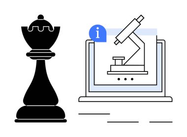Laptop ekranının yanındaki siyah satranç taşı bilgi işaretli bir mikroskop simgesi gösteriyor. Strateji, araştırma, yenilik, eğitim, bilgi, liderlik ve bilim için ideal. Basit düz metafor