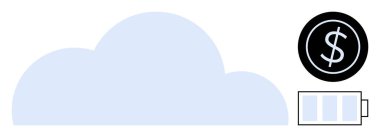 Büyük bulut sembolü, siyah bir daire ve kısmi şarjlı bir batarya içinde dolar işareti ile eşleştirilmiş. Teknoloji, finans, yenilenebilir enerji, bulut hesaplama, verimlilik, sürdürülebilirlik, dijital