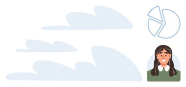 Gülen kadın pasta grafiği ve soyut bulut şekillerinin yanında. Problem çözme, veri içgörüsü, takım çalışması, karar verme, yaratıcılık, stratejik düşünme ve dijital dönüşüm için ideal. Basit.