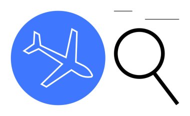 Büyüteç yanında mavi daireli uçak silueti seyahat, arama ve keşif temaları vurgulanıyor. Araştırma, turizm, seyahat planlaması, analitik, keşif ve yenilik için ideal