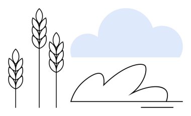 Tarım, doğa, sürdürülebilirlik, tarım, büyüme, çevre ve organik üretimi simgeleyen üç buğday sapı ve mavi bir bulut basit bir düz metaforda temsil eder.