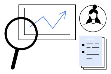 Yukarı doğru eğilimli, profil avatarı ve dokümanları olan bir çizelge üzerinde büyüteç. Analiz, büyüme, araştırma, adam toplama, performans iş verimliliği için ideal. Basit düz metafor