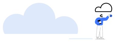 Tableti tutan adam veri simgesini buluta yerleştirir, dijital depolama, yedekleme ve teknolojiyi sembolize eder. Bulut hesaplama, veri transferi, yenilik, güvenlik, takım çalışması için ideal basit bir internet düzeyi