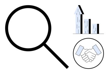 Büyüteç, yukarı doğru çizelge, daire şeklinde tokalaşma. Araştırma, analiz, ortaklık, takım çalışması başarı stratejisi için ideal basit bir iniş sayfası. Çizgi benzetmesi. Basit satır simgeleri