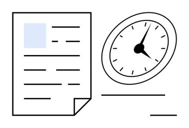 Analog saatin yanında keskin zaman göstergesi olan kağıt bir belge. Üretkenlik, teslim tarihi, organizasyon, programlama, verimlilik, odaklanma, görev yönetimi için ideal. Temiz, düz metafor