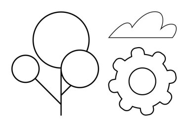 Minimalist ağaç, dişli ve bulut anahatları doğayı, yeniliği ve uyumu çağrıştırıyor. Sürdürülebilirlik, ekoloji, teknoloji iklim yenilik dengesi ve doğa-teknoloji bütünleşmesi için idealdir. Basit düz