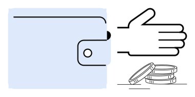 Cüzdanı kopçalı, elini uzatmış, ödemeyi ya da para vermeyi öneriyor ve birikmiş paralar. Finans, bütçe, para transferi, maaş bordrosu, banka tasarrufu ve yatırım için ideal. Basit düz metafor