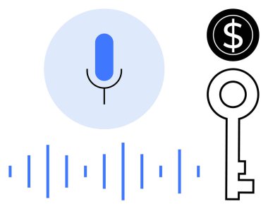 Sahne ışıkları, ses dalgaları, anahtar ve dolar işareti yenilik, veri gizliliği, teknoloji, finans, erişilebilirlik iletişimi ve yaratıcılığı temsil ediyor. Basit bir düz metafor için ideal.