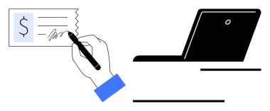 Bilgisayarın yanında dijital ödemeyi ve finansmanı sembolize eden bir kalemle mali çekte el yazısı. Bankacılık, işlem, para yönetimi, teknoloji, muhasebe, hibrit sistemler, basit daire