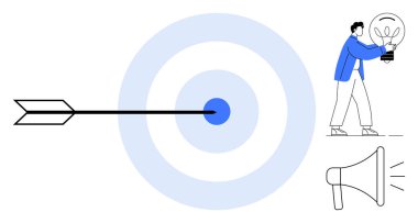 Ok tam on ikiden vuruyor, elinde ampul tutan kişi, megafon odağı, yeniliği ve terfiyi sembolize ediyor. Strateji, başarı, hedef belirleme, yenilikçi iletişim pazarlama hassasiyeti için ideal
