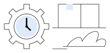 Dişli saat kombinasyonu, bina ana hatları, ve bulut verimliliği, yapıyı, iş akışını simgeliyor. İş için ideal, işlemler, planlama, zaman yönetimi endüstrisi optimizasyonu için basit bir daire