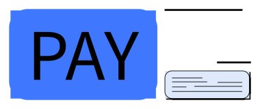Large blue PAY button with transaction elements emphasizes digital payment action. Ideal for finance, e-commerce, online shopping, banking, mobile apps, fintech solutions, simple flat metaphor