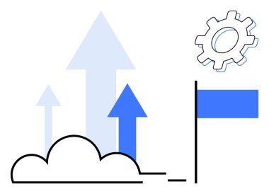 Upward arrows above a cloud, gear icon symbolizing innovation, and a flag representing accomplishment. Ideal for growth, success, innovation, achievement, strategy goals and business. A simple flat