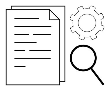 Magnifying glass, document, and gear highlight analysis, research, optimization, monitoring. Ideal for workflow, data study, management problem-solving system upgrade and process improvement