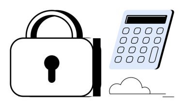 Padlock symbolizing security, calculator representing analysis, and a cloud suggesting online storage. Ideal for cybersecurity, fintech, data encryption, online safety, privacy, network security