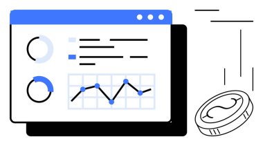 Analytics dashboard with graphs, pie charts, and data trends accompanied by a falling coin, symbolizing financial growth insights. Ideal for business, investment, strategy, fintech, economy data