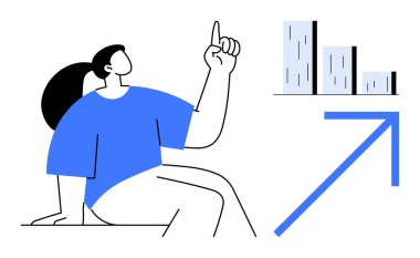 Person pointing upward at ascending bar chart with blue arrow. Ideal for progress, growth, success, achievement, ambition, leadership, motivation. Minimalist design with simple flat metaphor