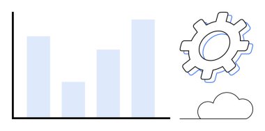 Bar chart growing upwards, gear symbolizes process optimization, small cloud represents technology. Ideal for business analytics, progress tracking, innovation, teamwork, process management, cloud