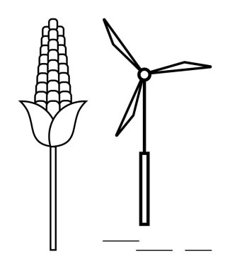 Corn stalk and wind turbine symbolize agriculture and energy innovation. Ideal for sustainability, renewable energy, eco-farming, green technology, energy efficiency, agritech, and environmental