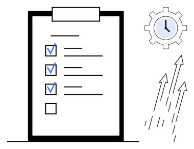 Checklist with completed tasks, gear with clock for time management, and arrows symbolizing progress. Ideal for planning, productivity, workflow, efficiency, growth, organization simple flat