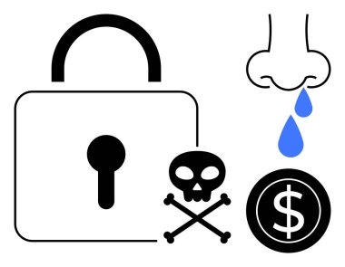 Large padlock emphasizes protection, skull and crossbones warn of risks, dollar coin represents finances, and nose with drops highlights biological or health concerns. Ideal for security, danger