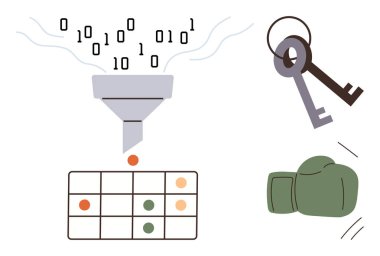 Binary data flows into a funnel above a grid, keys signify security, and a boxing glove illustrates challenges. Ideal for data sorting, security, encryption, processing, competition, problem-solving