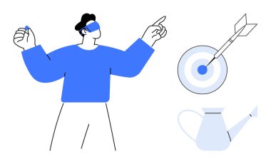 Man wearing blindfold pointing confidently, dartboard with arrow in center, watering can for nurturing ideas. Ideal for precision, focus, decision-making, personal growth, success, goal achievement