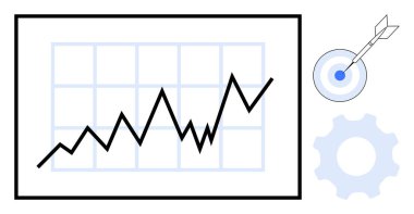 Rising line graph on a chart, target with dart hit in center, and gear for progress, productivity, and strategy. Ideal for business, growth, marketing, finance success analytics simple flat