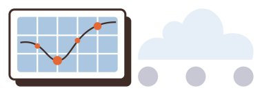 Graph with trend points on screen beside cloud graphic, representing data, innovation, and connectivity. Ideal for technology, analytics, cloud computing, progress, storage business growth simple