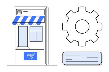 Smartphone interface with storefront icon, shopping cart, settings gear, and text box. Ideal for e-commerce, customization, online business, digital marketing, app design user interface simple flat