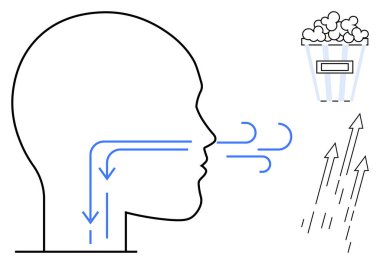 Side view of a human head diagram with airflow arrows, popcorn container, and upward motion lines. Ideal for health, respiration, digestion, cinema, fun lifestyle education. Simple flat metaphor