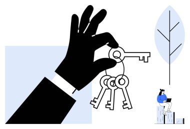 Black hand holds multiple keys, symbolizing power, access, or solutions woman works on a laptop beside minimalist tree. Ideal for security, opportunities, decision-making, real estate, remote work
