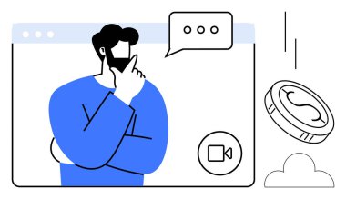 Man pondering during video call framed within browser window, speech bubble overhead, coin and cloud nearby. Ideal for communication, technology, finance, brainstorming, teamwork, remote work