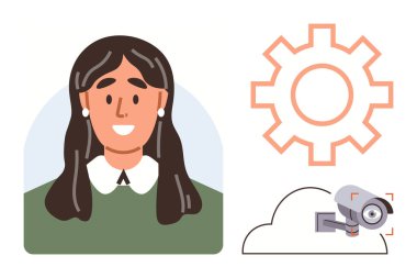 Smiling woman portrait beside gear icon and cloud-linked surveillance camera. Ideal for technology, data privacy, cybersecurity, cloud solutions, digital identity, artificial intelligence, workforce