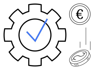 Gear mechanism with checkmark beside euro coins, emphasizing operational success and monetary growth. Ideal for efficiency, finance, automation, management, strategy, optimization, success in simple