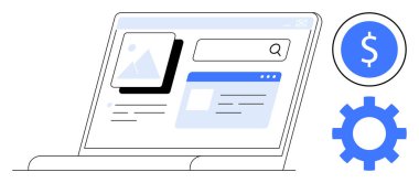 Laptop screen displaying a website interface with search bar and icon elements. Currency and settings gear icon beside screen. Ideal for technology, finance, e-commerce, digital business, user
