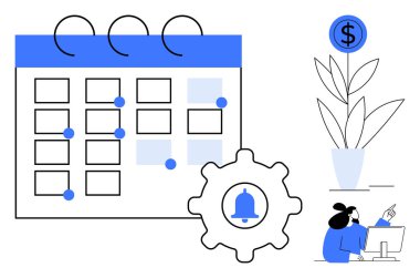 Calendar with task markers, gear with notification bell, dollar plant for financial growth, professional at desk. Ideal for time management, scheduling, productivity, finance, growth automation