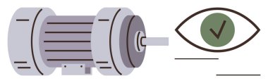 Electric motor beside an eye shape with a checkmark, representing inspection, quality control, and reliability. Ideal for manufacturing, industry, inspection, machinery, engineering maintenance