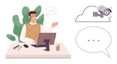 Man with headset at desk gesturing, cloud surveillance camera symbol in speech bubble. Ideal for customer support, technology, cloud services, remote monitoring, security, communication, simple flat