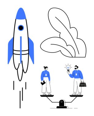 Rocket launching, plant leaves, teammates balancing on scales holding ideas. Ideal for innovation, teamwork, creativity, growth, equality leadership business solutions. Modern simple flat metaphor