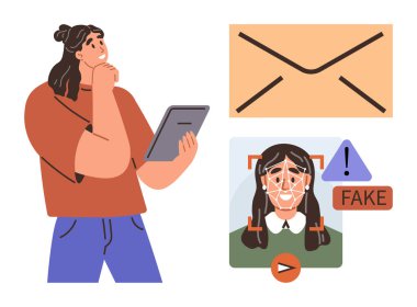 Woman holding tablet near an email icon, deepfake detection alert, and facial recognition warning. Ideal for cybersecurity, identity theft, online fraud, technology awareness, AI risks, internet
