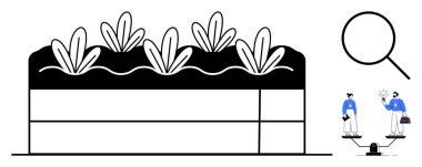 Plants growing in neatly layered soil structure, professionals balancing ideas on scales, and a magnifying glass. Ideal for sustainability, teamwork, growth strategy, balance, decision-making