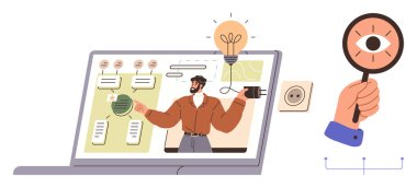 Presenter explaining creative ideas on a laptop screen with plug, bulb, magnifying glass, and visual data. Ideal for education, innovation, brainstorming, technology, remote learning analysis