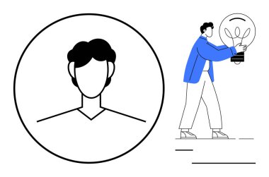 Outline of a generic profile avatar next to a person holding a glowing lightbulb. Ideal for innovation, identity, inspiration, creativity, teamwork, ideas, forward-thinking concepts. Simple flat