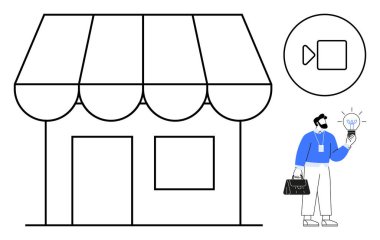 Man holding light bulb next to storefront, symbolizing innovation, creativity, and entrepreneurship. Ideal for business strategy, marketing, e-commerce, startups, creativity online learning